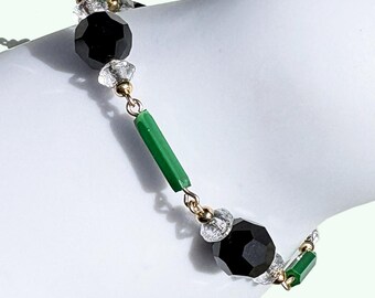 Jet Crystal Bracelet; Antique Czech Green & Clear Glass, Gold, Art Deco