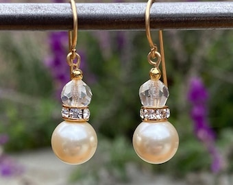 Crystal Pearl Earrings: Czech Glass, Rhinestones, Gold