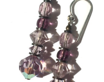 Amethyst Beaded Earrings, Light Amethyst Austrian Crystal, Amethyst Czech Glass, Antique Bronze Accents, Lilac Glass Earrings, "Elements 6"