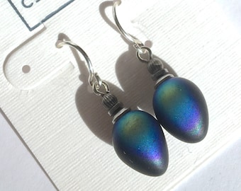 Frosted Jet Earrings, Iridescent Shine on Matte Black Glass Drops, Sterling Silver Ear Wires, Dainty Black Earrings, &quot;Mini Berries 11&quot;