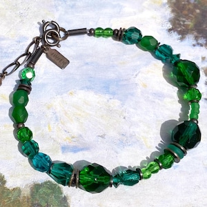 Emerald and Teal Beaded Bracelet, Rare Czech Glass and Austrian Crystal in Shades of Green, Bronze Accents, Deco Era Glass, &quot;Emerald Forest&quot;