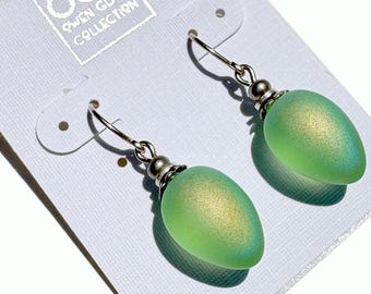 Frosted Iridescent Peridot Glass Earrings: Sterling Silver Wires, German Glass