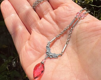 Pink Glass Pendant Necklace: Antiqued Silver Filigree, Austrian Crystal, Handmade