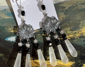 Frosted White Czech Glass Prism Earrings, Art Deco Chandelier Style