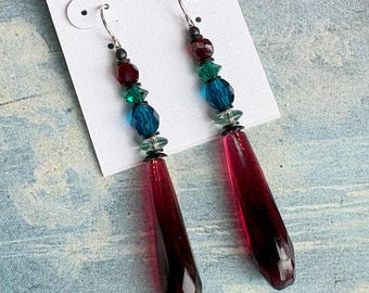 Garnet Glass Chandelier Earrings; German Glass, Austrian Crystal, Art Deco
