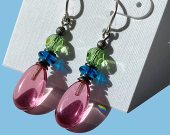 Pink Glass Earrings, Rose Pink Glass Drop Earrings, Peridot Austrian Crystal Accents with Turquoise Czech Glass, Silver Trim, "Raindrops 4"