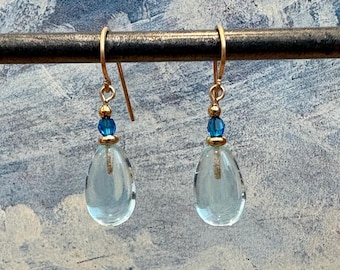 Aquamarine Glass Dangle Earrings; Turquoise Crystal, Gold Trim