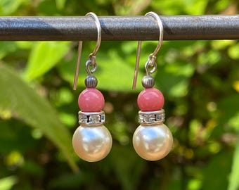 Crystal Pearl Dangle Earrings: Pink Czech Glass, Rhinestones, Silver