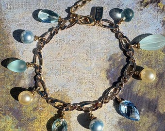 Aqua Crystal Charm Bracelet: Gold, Pearls, Blue Glass