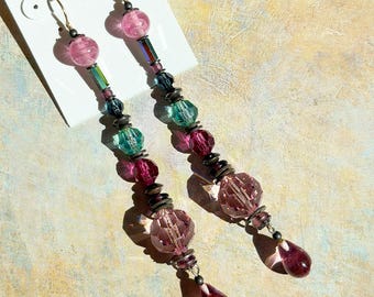 Pink Crystal Shoulder Duster Earrings; Bronze, Glass, Art Deco Earrings