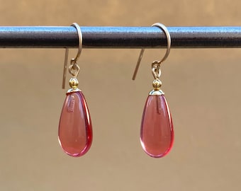 Rose Pink Glass Dangle Earrings; Gold Trim, Handmade