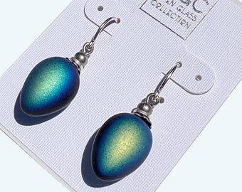 Frosted Jet Black Iridescent Earrings; German Glass, Art Deco, Silver