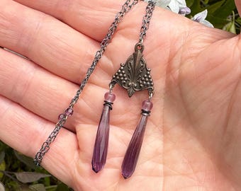 Antique Czech Glass Pendant Necklace; Crystal Accents, Art Deco, Handmade