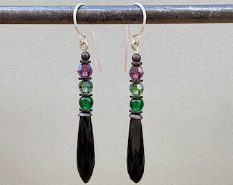 Jet Prism Earrings: Antique Czech Glass, Amethyst & Tourmaline Austrian Crystal, Bronze Accents, "Petites 6"