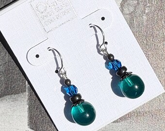 Teal Glass Drop Earrings: Blue Austrian Crystal, Antiqued Bronze Accents, "Bubbles 29"