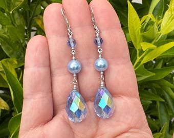 Blue Crystal Earrings: Rare Glass, Pearls, Silver, Art Deco