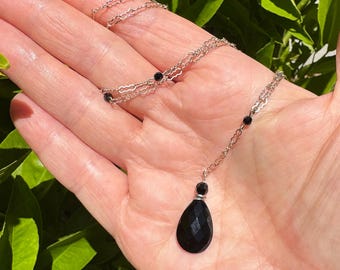 18 Inch Jet Pendant Necklace; Crystal, Sterling Silver Chain, Art Deco