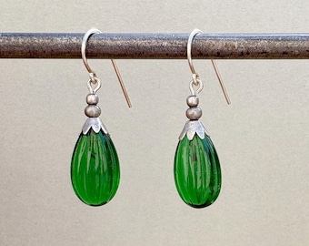 Emerald Green Glass Earrings; Silver Trim, Handmade, Art Deco