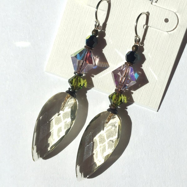 Pale Yellow Drop Earrings, Austrian Crystal in Lilac, Olivine and Iridescent Jet, Antiqued Bronze, Art Deco Dangle Earrings, Style 472