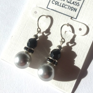Silver Coated Crystal Pearl Earrings with Czechoslovakian Jet Glass Top Beads, Austrian Crystal Pearls, Handmade Earrings, &quot;Bells 6&quot;
