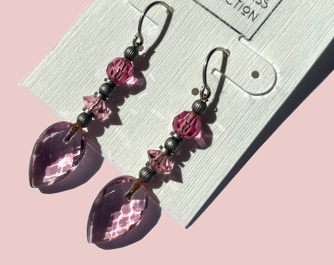 Pale Pink Dangle Earrings Pink Glass Earrings Antiqued Silver Style 255 Austrian Crystal and German Glass in Shades of Light Rose