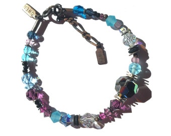 Crystal Bracelet, Amethyst, Jet and Aquamarine Austrian Crystal and Antique Czechoslovakian Beaded Bracelet, Art Deco, &quot;Remember Louis XIV&quot;