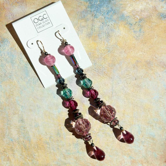 Pink Crystal Shoulder Duster Earrings; Bronze, Glass, Art Deco Earrings