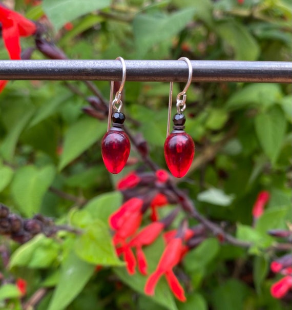 Red Glass and Jet Crystal Earrings, Red Teardrop Earrings with Austrian Crystal Jet Black Accents, Antiqued Bronze, "Plums 1"