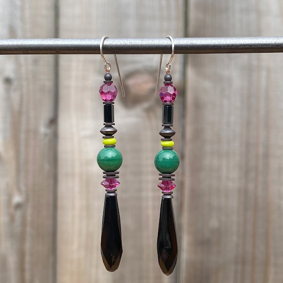 Jet Prism Earrings, German Glass Drops, Austrian Crystal, Fuschia, Green, Hematite, Bronze Accents, Art Deco, Rare Glass, "Splash 7"