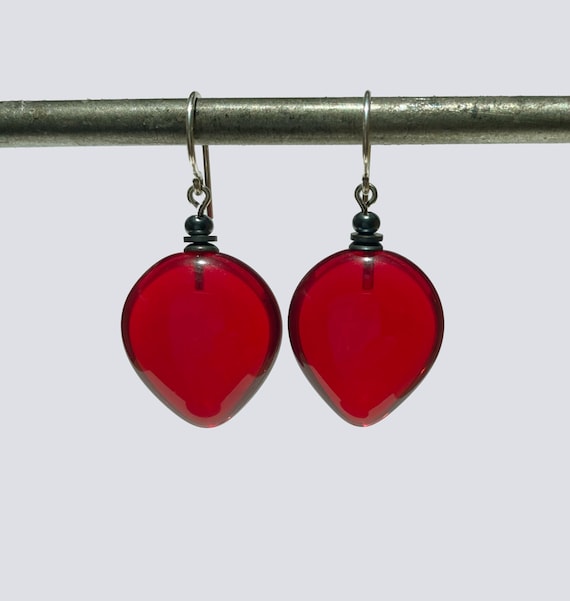 Red Glass Earrings, German Glass, Smooth Red Glass Drops, Rare Glass, Handmade in the USA, "Almonds 2"