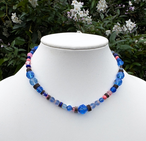 Art Deco Crystal Choker Nekclace: Sapphire Blue & Rose Pink Czech Glass Necklace, 15 Inches