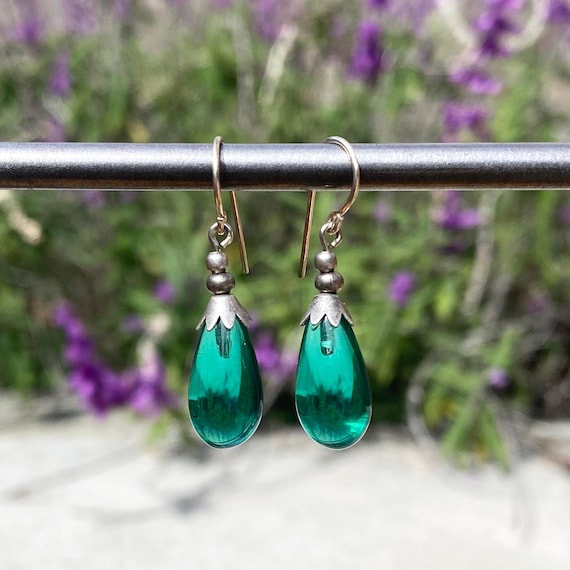 Teal Green Glass Earrings, German Glass with Silver Wires, Handmade Earrings, "Silver Brights 40"