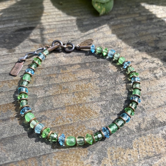 Blue and Green Stacking Bracelet, Light Peridot & Aquamarine in Czech Glass, Austrian Crystal, Antiqued Bronze, Art Deco, "Cape Verde"