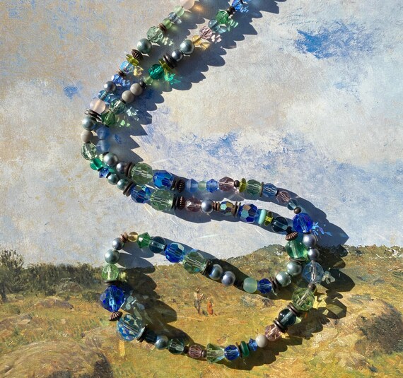 Sapphire & Peridot Crystal Necklace: Art Deco Silver Pearl, 24 Inch