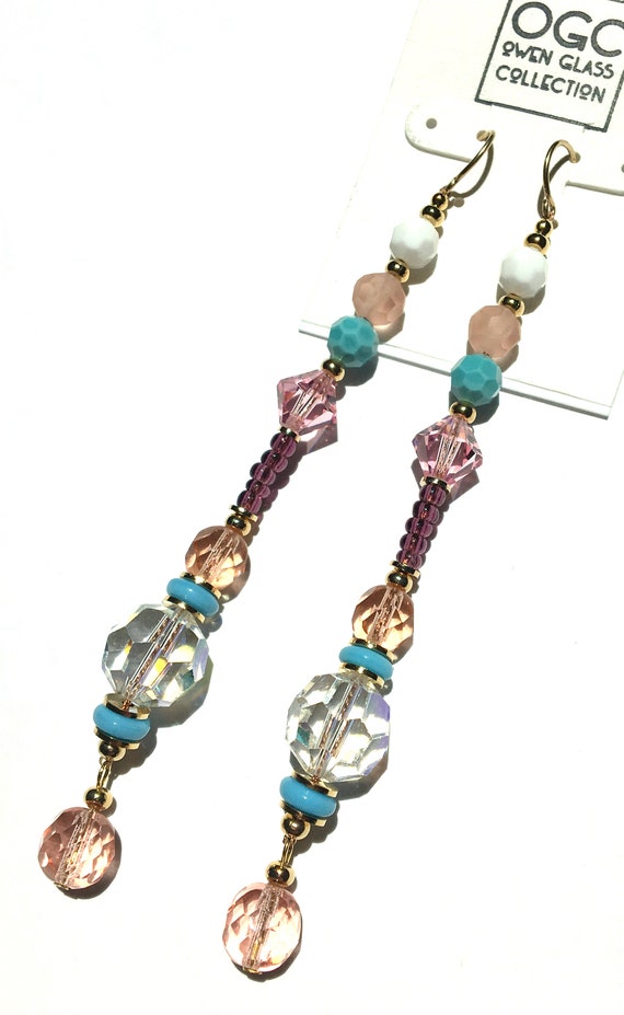 Crystal Shoulder Dusters, Peach, Pink, Clear Crystal, Amethyst, Turquoise Long Dangle Earrings, Gold and Glass, Art Deco, "Miami Beach"