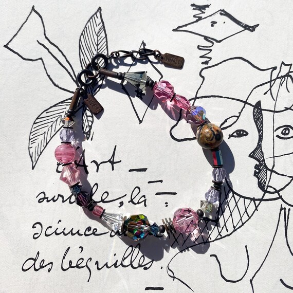 Pink Crystal Bracelet, Czech Glass, Austrian Crystal Bracelet in Light Amethyst, Rose and Iridescent Crystal, Bronze, "Spain, Generally"