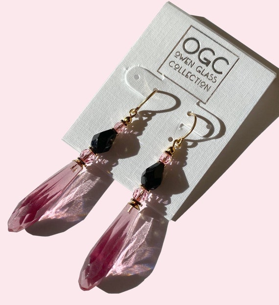 Pink Prism Earrings, Light Rose Chandelier Earrings, Pink Austrian Crystal, Antique Jet Czech Glass, Gold Accents, "Rose Revival"
