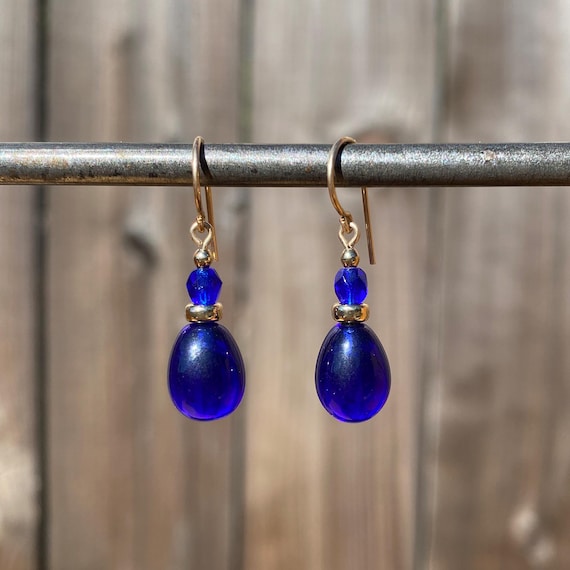 Cobalt Blue German Glass Earrings: 14k Gold-Filled, Czech Beads
