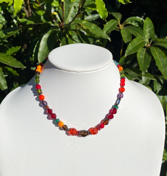 15 inch Necklace, Austrian Crystal, Czech Glass Necklace, Bright Red, Citrus Green, Dark Topaz with Antiqued Bronze, "Flying Down to Rio"