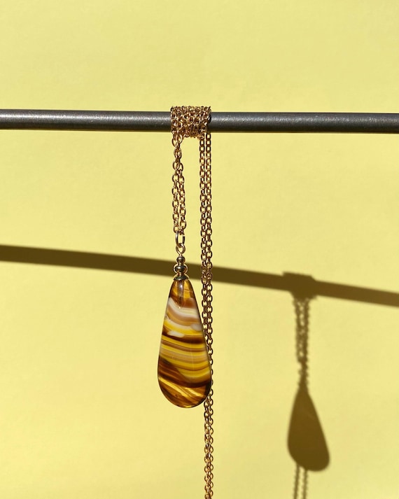 18 Inch Tiger's Eye Glass Pendant Necklace, Multi-Colored Dark Topaz Swirl, German Glass, Gold Chain, Art Deco, Style "Lights 28"