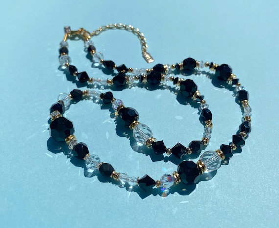 20 Inch Necklace, Jet and Clear Austrian Crystal, Antique Czech Glass, Gold Plated Trim, Art Deco Era Glass, "First Gala"