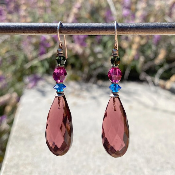 Amethyst Glass Earrings, Mulberry Purple German Glass, Austrian Crystal in Fuchsia, Tourmaline Green, Turquoise, Art Deco, "Cabaret 9"