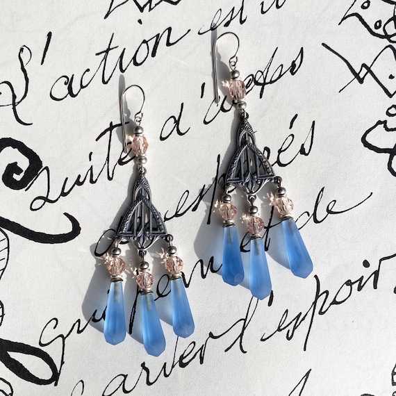 Light Blue & Peach Chandelier Earrings, Frosted Antique Czech Glass Light Sapphire Prisms, Peach Czech Glass, Antiqued Filigree, "Style 28"