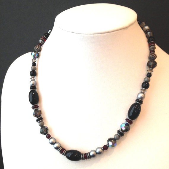 15 Inch Choker in Jet, Garnet and Silver Pearl Art Deco Austrian Crystal and Czechoslovakian Glass Necklace "Standing O's"