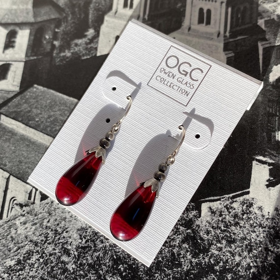 Burgundy Earrings, Garnet Glass Drop Earrings, German Glass, Art Deco, Silver Trim, Handmade Earrings, "Silver Brights 1"