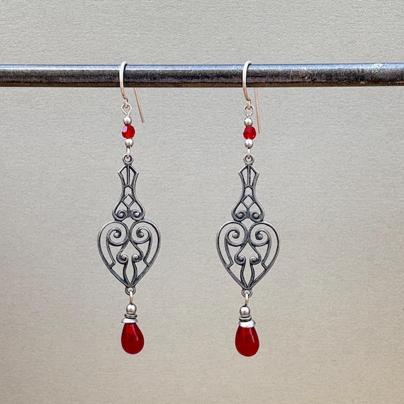 Red Antique Czech Glass Earrings, Art Deco, Silver Filigree