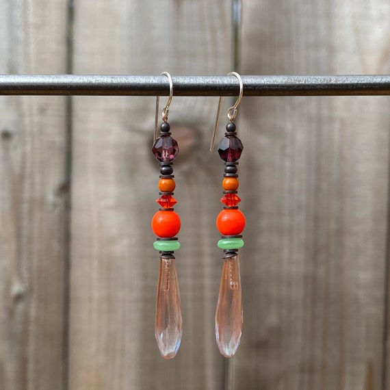 Two-Toned Blue and Light Amethyst Prism Earrings, Antique Amethyst Czech Glass Top Beads, Orange Austrian Crystal, Bronze "Splash 10"