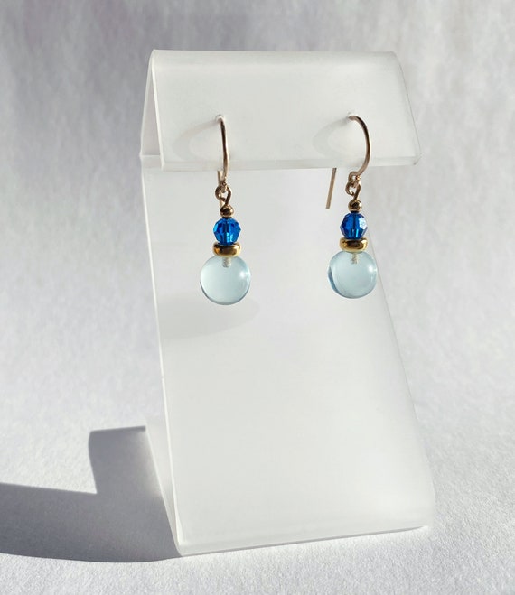 Light Aqua Glass Earrings: Turquoise Blue Austrian Crystal Top Beads, Gold Trim, "Bubbles 66"