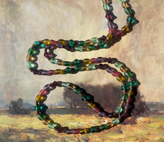 30 Inch Frosted Glass Beaded Necklace: German Glass and Austrian Crystal, Bronze