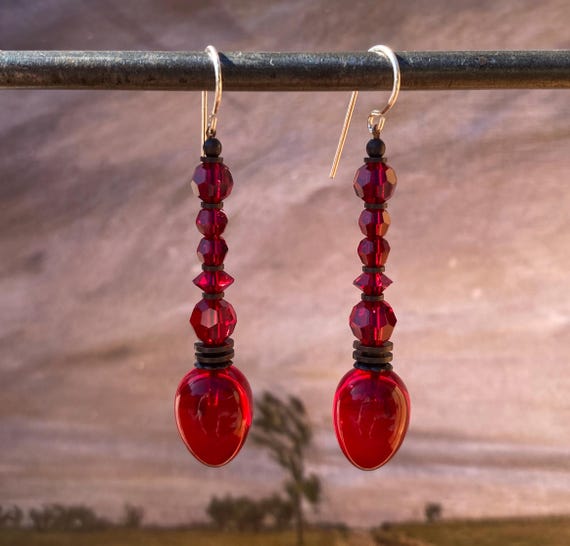 Red Dangle Earrings: German Glass Drops with Austrian Crystal, Bronze Trim, Style 484